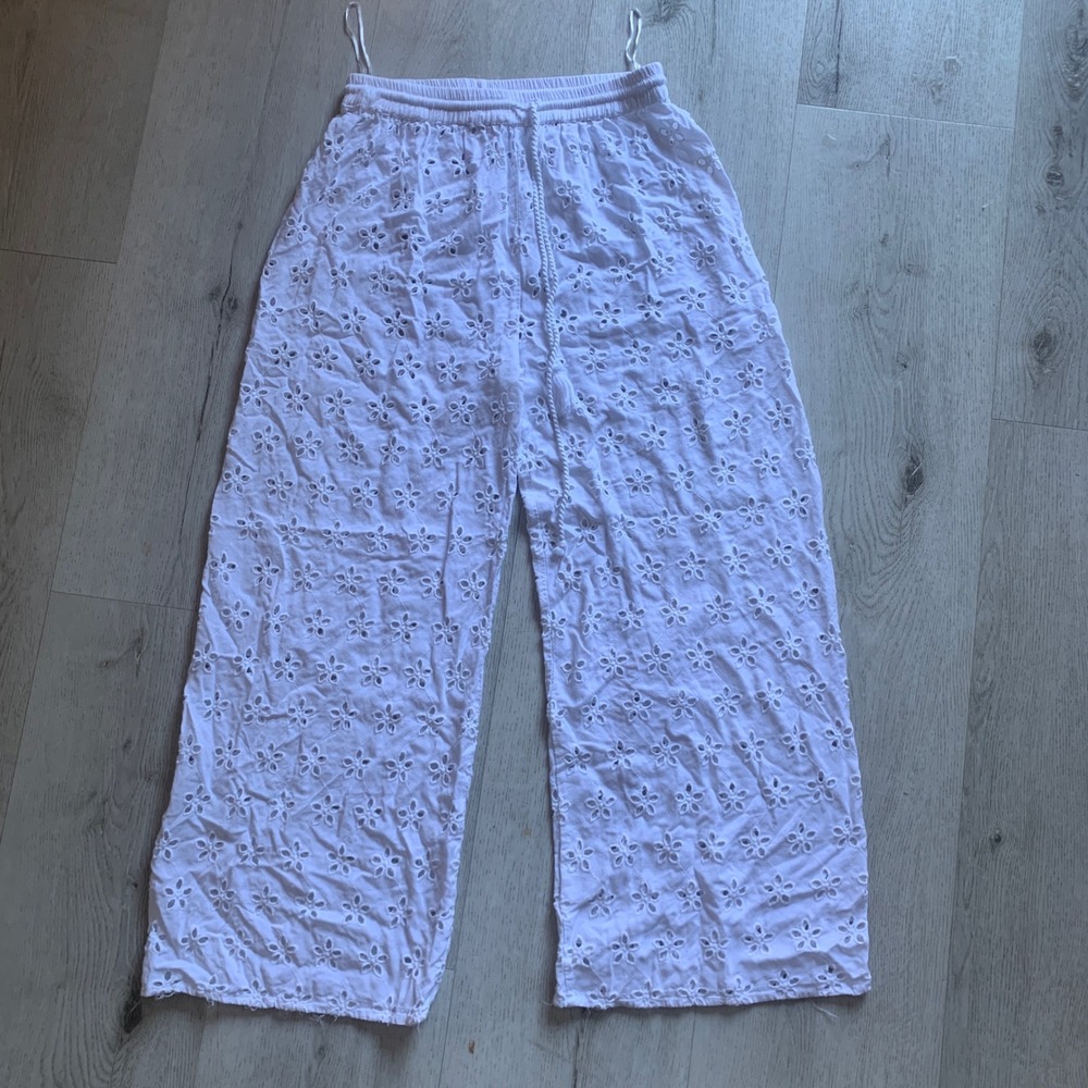 Salty lemon white eyelet‎ pants beach cover up vacation size L see through